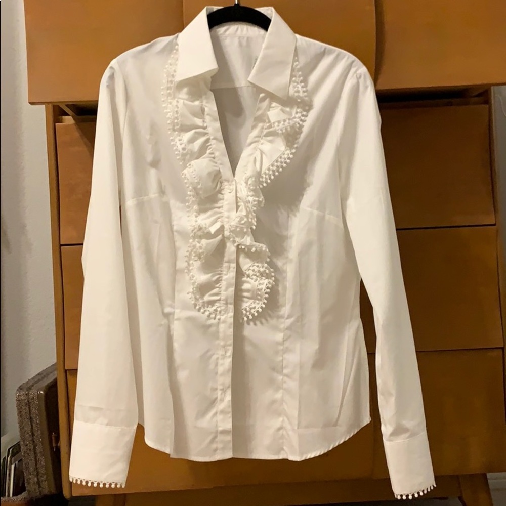 Gorsuch white ruffle button down